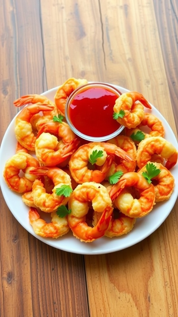 Crispy air fryer shrimp garnished with parsley, served with cocktail sauce on a rustic table.
